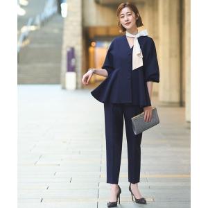 セットアップ ノーカラードルマンスリーブペプラムパンツスーツ2点セットアップ レディース
