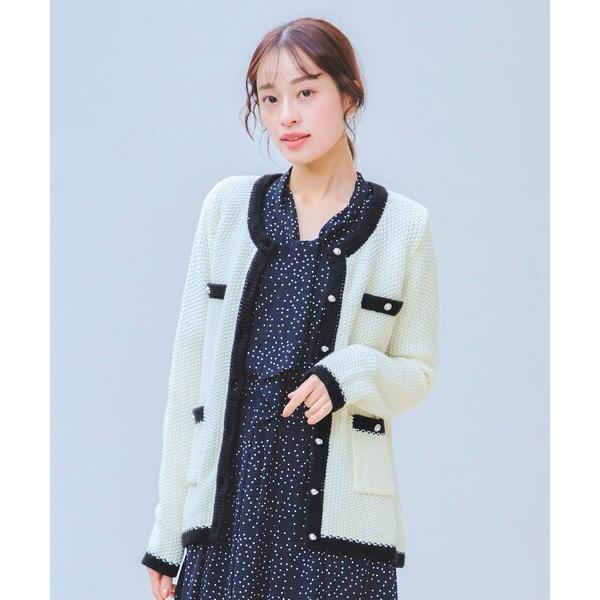 ジャケット ノーカラージャケット 「洗える」ミドル丈配色ノーカラーニットジャケット レディース