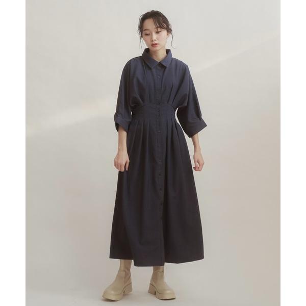 ワンピース ウエストタックデザインシャツワンピース