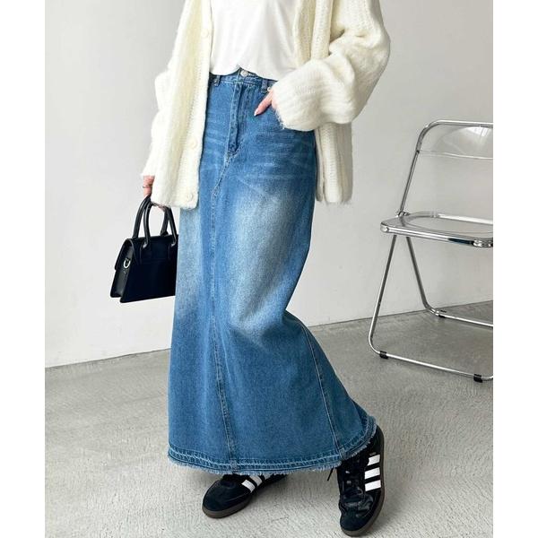 スカート 「S-LLサイズ展開」オールシーズン活躍。バックスリットデニムロングスカート