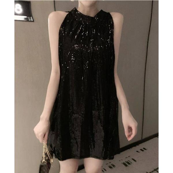 ドレス ボトルネックスパンコールミニワンピース