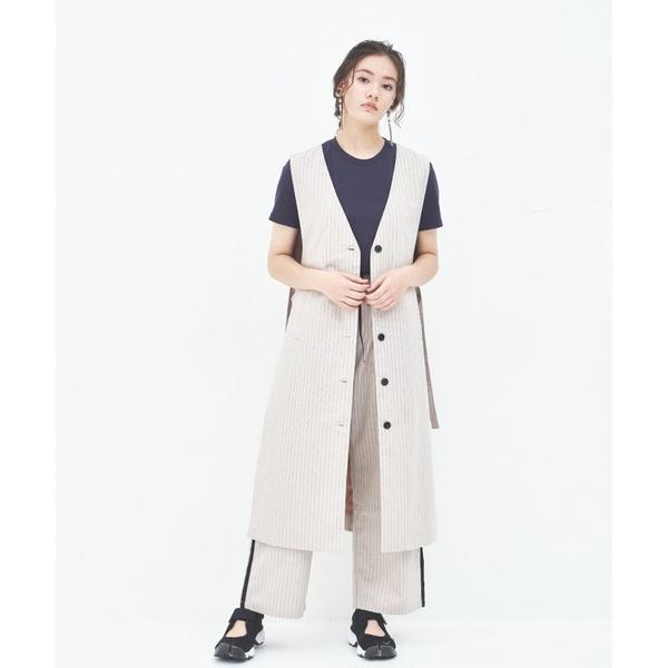 ベスト ジレ 麻混ストライプ大人ロングジレ レディース