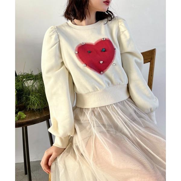 トレーナー スウェット ハートプリントビジュー付ショート丈裏起毛トップス レディース