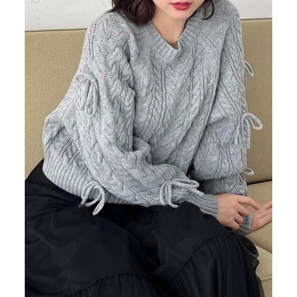 ニット セーター ケーブル編み袖リボンニットトップス レディース