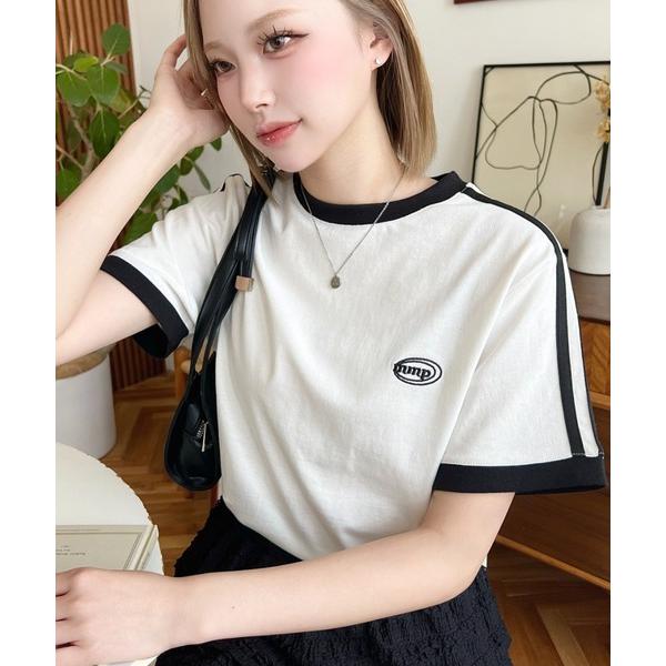 tシャツ 綿100％天竺.ワンポイント刺繍配色カラーライン半袖Tシャツ レディース