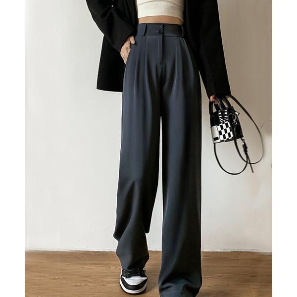 スラックス パンツ ダブルボタンハイウエストタックワイドスラックス レディース