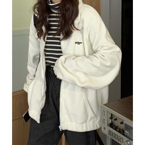 フリースボア刺繍スタンドネックジャケット