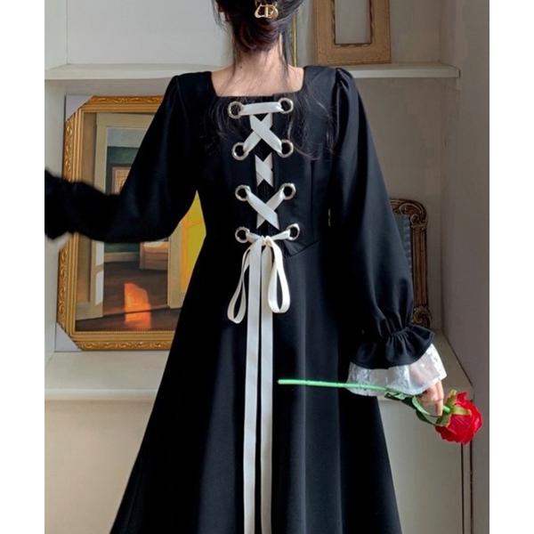 ワンピース バックリボン 裾レースＡラインフレアワンピース