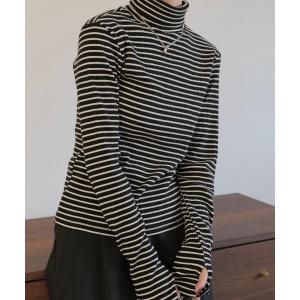 tシャツ Tシャツ レディース ボーダータートルネックリブトップス ／ border turtle neck rib top プルオーバー ミドル丈｜zozo