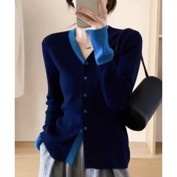 カーディガン バイカラー襟・袖配色Vネックニットカーデ レディース