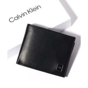 財布 メンズ 「Calvin Klein/カルバンクライン」ワンポイント スクエアロゴプレート レザー二つ折りウォレット/財布
