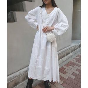 ワンピース コットンレースVネックロングワンピース