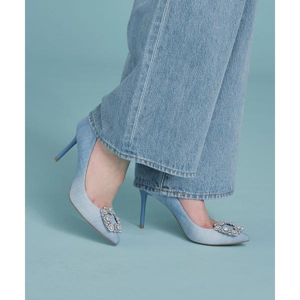 パンプス スティレットヒールビジューバックルパンプス