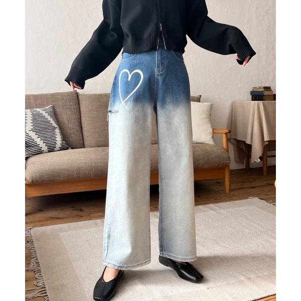 ワイドパンツ ジーンズ デニム デニムパンツ ハートプリント色抜きグラデーションデニムパンツ レディ...
