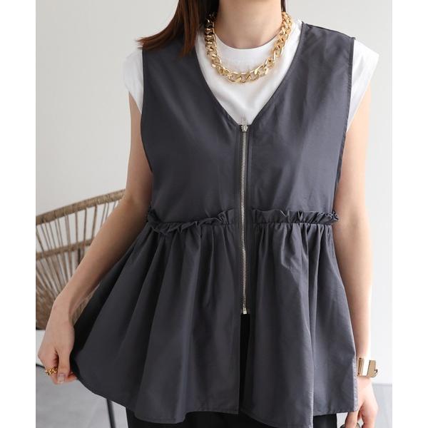ベスト ジレ フロントジップペプラムVネックベスト レディース