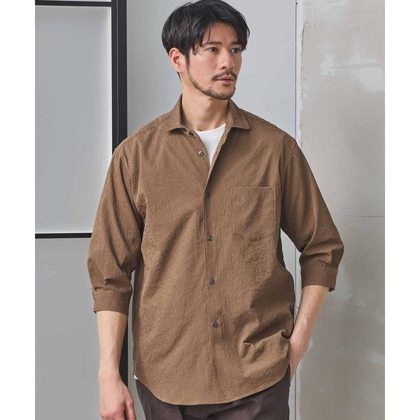 シャツ ナチュラルストレッチワッシャー七分袖ワイドカラーシャツ メンズ