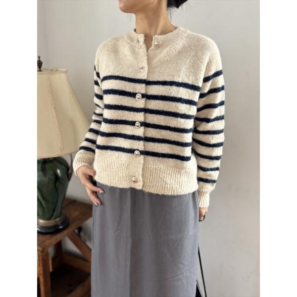 カーディガン 「高見え」ゴールドボタン ボーダー カーディガン / クルーネック ショート丈 / マ...