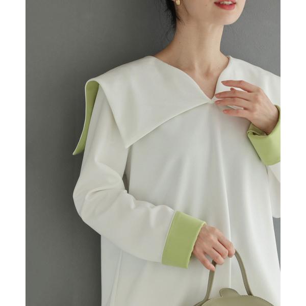 tシャツ チラ見えグリーンが可愛い。セーラーカラープルオーバートップス レディース