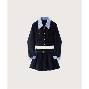 セットアップ 新色登場！ベルト付き　パッチワークネイビージャケットセットアップ Patchwork Navy Jacket Set Up レディース