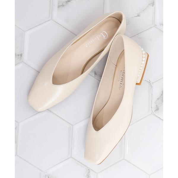 パンプス パールヒール　Vカットフラットシューズ