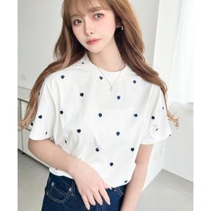 moment+ tシャツ 綿100%天竺. ハート刺繍ロングTシャツ レディース