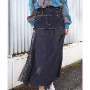 デニムスカート デニムプリーツレイヤードスカート