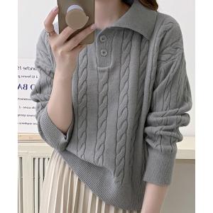 ニット セーター ケーブル編みポロシャツ風ニット レディース