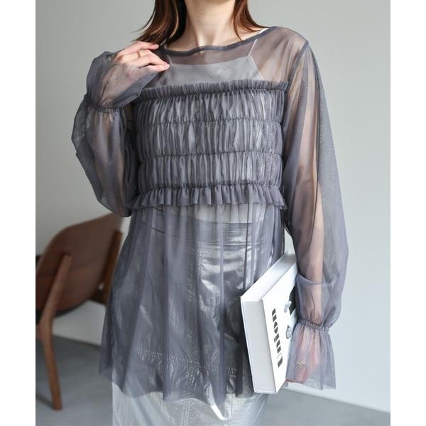 ブラウス シャツ シアーブラウス / 切り替えシャーリングトップス / 結婚式 レディース