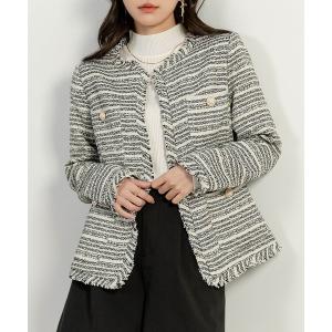 ジャケット ノーカラージャケット レディース きれいめノーカラーツイード風ジャケット レディース