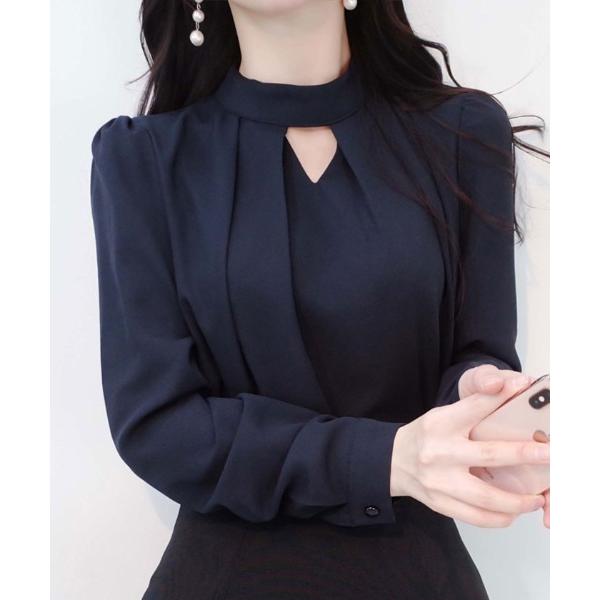 ブラウス シャツ スリットネック ピンタック入り オフィスブラウス レディース