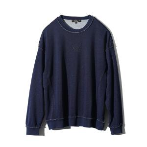 トレーナー スウェット 裏毛インディゴ染めアウトステッチ刺繍トレーナー メンズ ルーズシルエット スウェット ピグメント加工 春服 メンズ レディース