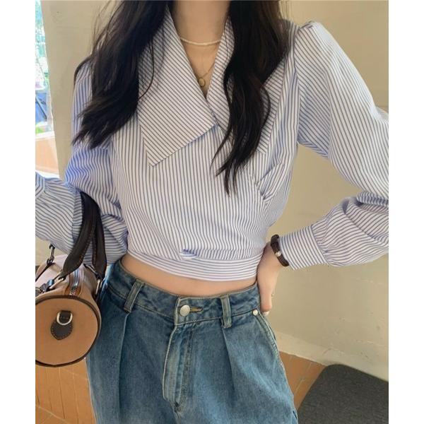 ブラウス シャツ ビックカラーストライプラップシャツ レディース