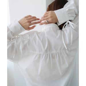 ブラウス シャツ 無地/ストライプ袖リボンバンドカラー長袖シャツブラウス レディース