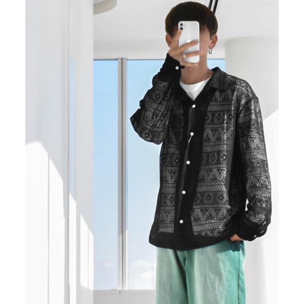 シャツ モノトーンレース オープンカラーシャツL/S レディース メンズ メンズ レディース