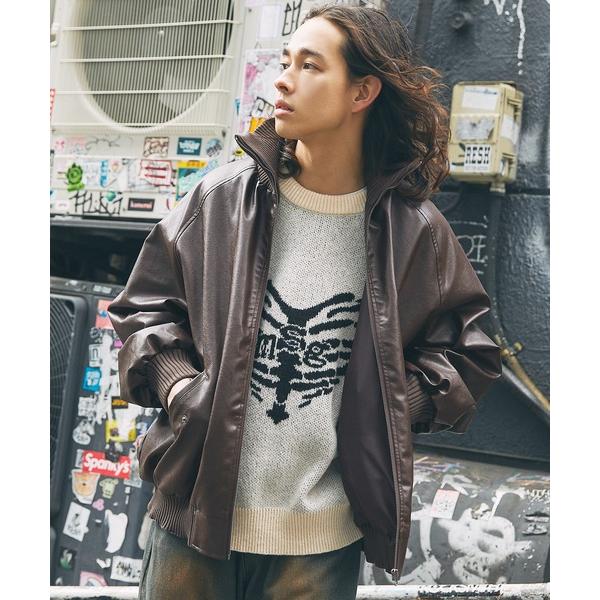 ブルゾン アウター オーバーサイズリブハイネック 合成皮革/ダック フライトジャケット メンズ レデ...