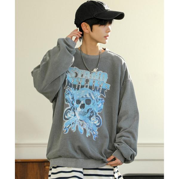 トレーナー スウェット 「neos」ルーズシルエット スカル プリント ピグメント クルーネック ス...