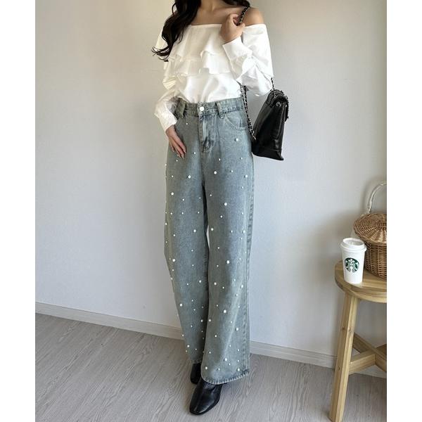 ジーンズ デニム デニムパンツ 「韓国ファッションに大活躍♪」パールデニムパンツ レディース