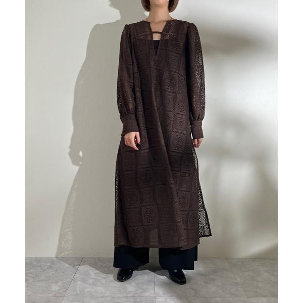 ワンピース ブロックレースボリュームスリーブスリットワンピース