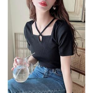 tシャツ 半袖 クロスネックリブトップス レディース