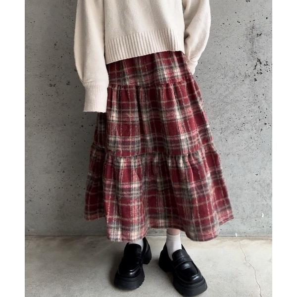 スカート あったかチェックティアードスカート