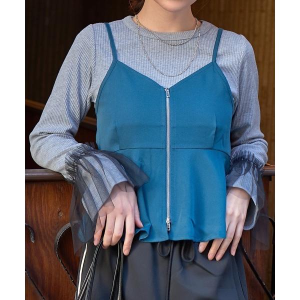 tシャツ チュールフレアスリーブリブトップス レディース