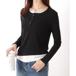tシャツ ダブルヘンリーネック レイヤード風 配色ロンT レディース