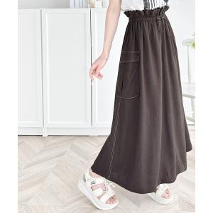 スカート ふんわりカジュアル。麻混ウエストドロスト配色ステッチロングスカート