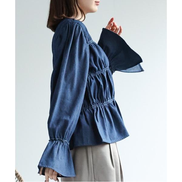 ブラウス シャツ デニムギャザーブラウス レディース