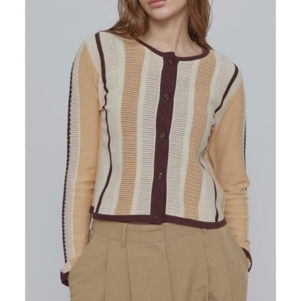 カーディガン ストライプ透かし編み ニットカーディガン レディース