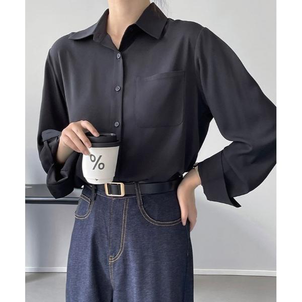 ブラウス シャツ 襟付き サテン シンプル ブラウス レディース