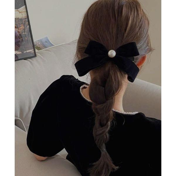 ヘアクリップ 「resonance」ベロア×パール レトロリボン バレッタ「オケージョン」