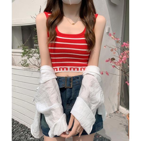 タンクトップ ノースリーブ ロゴボーダー スクエアネック クロップド ショートタンクトップ / ニッ...