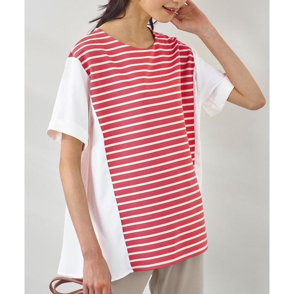 tシャツ リップルボーダー細見え切替プルオーバー レディース