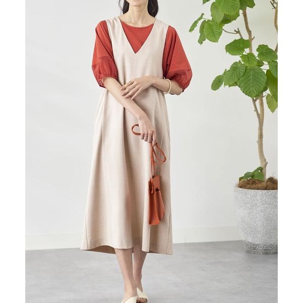 スカート サラリ麻調素材Ｖネックジャンパードレス